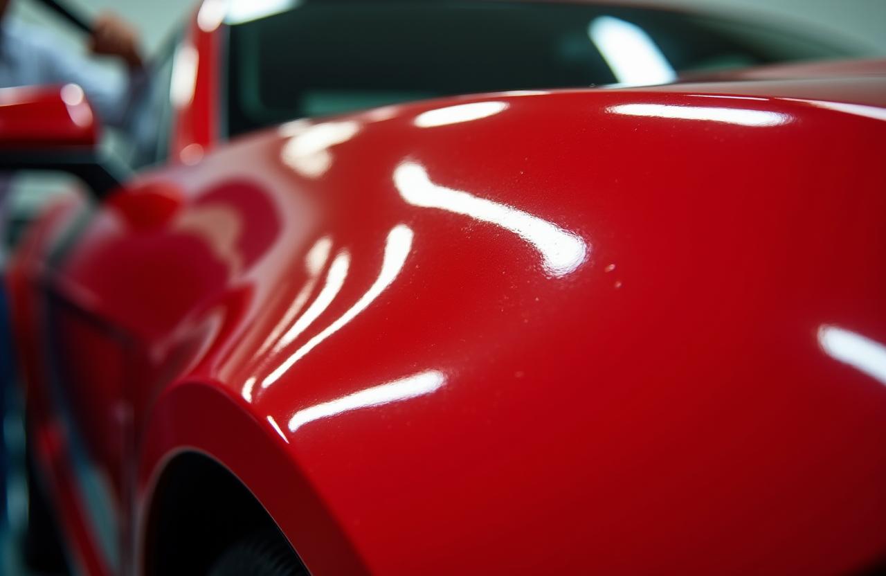 Detailing exterior de alta precisión en un coche rojo deportivo